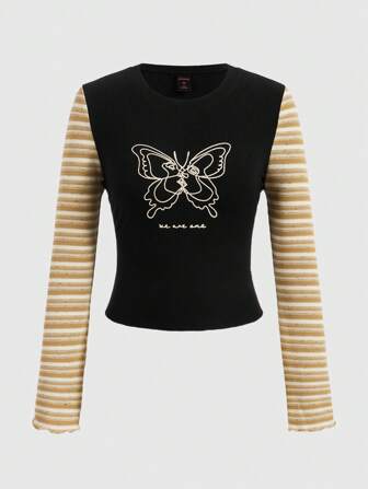 LineHome 艺术家休闲拼布条纹长袖 T 恤，女式蝴蝶印花 T 恤，适合假期、春季、节日、西方服装、图案 T 恤