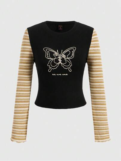 LineHome Artist Casual Patchwork Striped Long Sleeve T-Shirt, Women Butterfly Printed T-Shirt, For Holiday, Spring, Festival, Western Wear, Graphic Tee