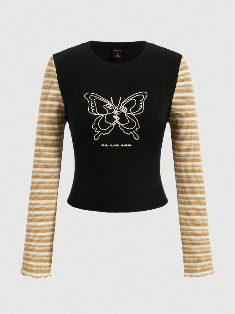 Artist Casual Patchwork Striped Long Sleeve T-Shirt, Women Butterfly Printed T-Shirt, For Holiday, Spring, Festival, Western Wear, Graphic Tee