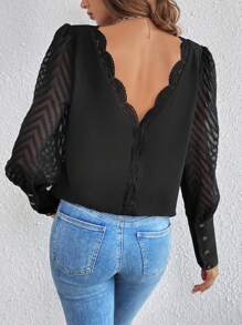 SHEIN Frenchy Women's Sheer Mesh Lantern Sleeve Blouse Summer Black Casual Elegant - Black - View 1