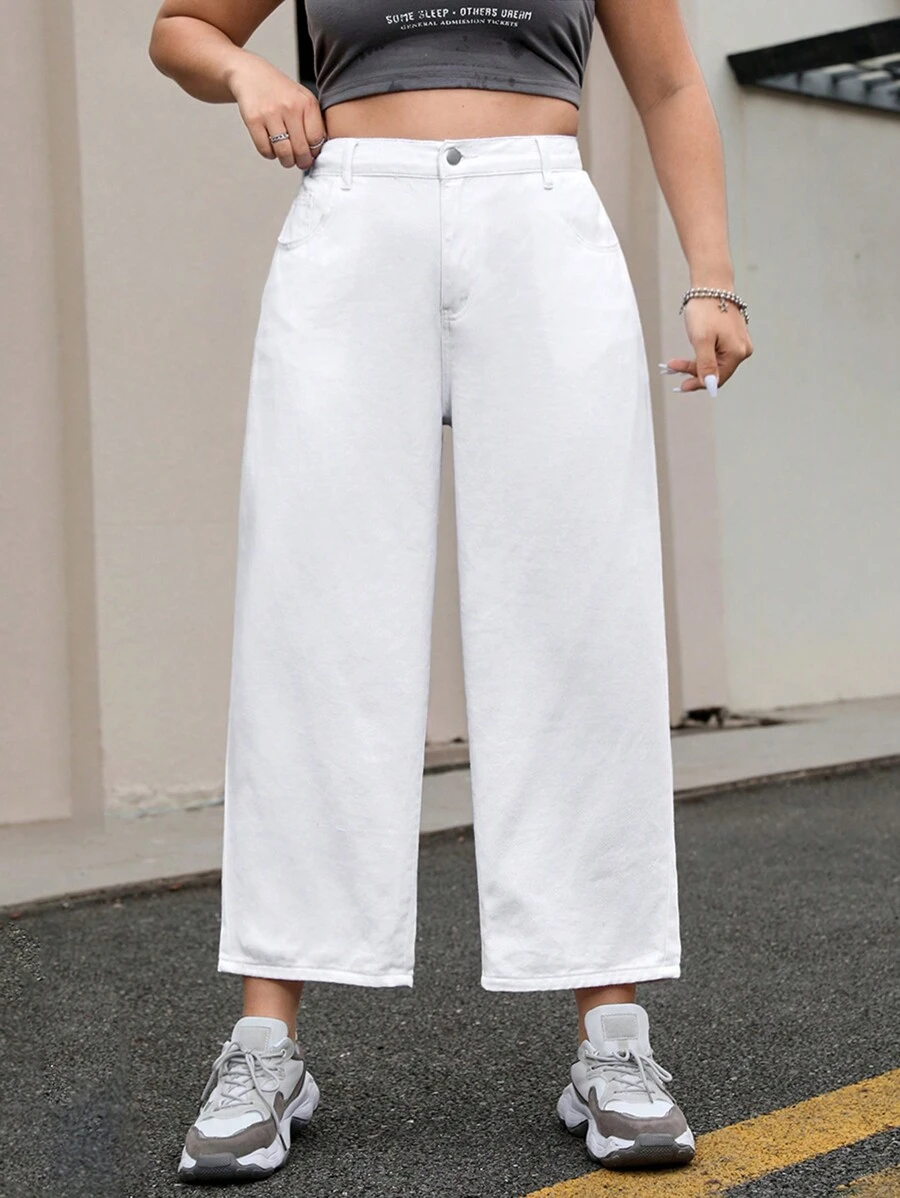 SHEIN EZwear Plus Size White High Waist Straight Leg Jeans - White - View 1
