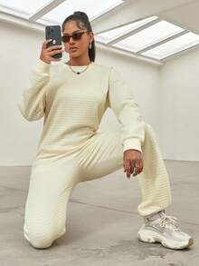 2 szt. Ulica Długi Rękaw Opuszczane ramiona & Luźny Szeroka Noga Spodnie Dresowe - Beżowy - Zobacz 6