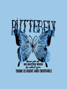 SHEIN EZwear 標語和蝴蝶印花袋鼠口袋抽繩保暖連帽衫 - 藍色 - 查看 3