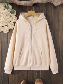 SHEIN EZwear In Hoa & Bướm Dây rút Áo hoodie ấm áp - Màu be - Xem 2