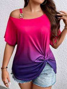 SHEIN LUNE Áo thun nữ cổ bẻ bất đối xứng viền xoắn gradient cỡ lớn Áo thun họa tiết áo thun nữ - Nhiều màu - Xem 3