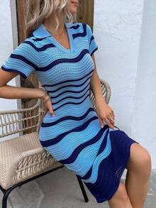 Knit Mix Casual Striped Turn-Down Collar Knit Dress, Random Stripes Pattern, Summer - Blue - View 3