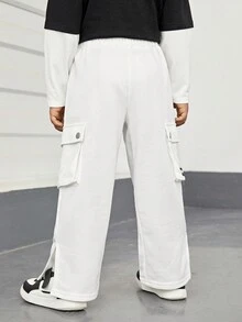 SHEIN 男小童字母貼布側翻蓋口袋下擺開叉衛褲 - 白色 - 查看 2