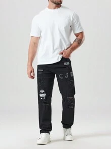 Manfinity Homme Nam Kích thước lớn Hoạt hình Chữ cái Patch Quần jean rách - màu đen - Xem 3