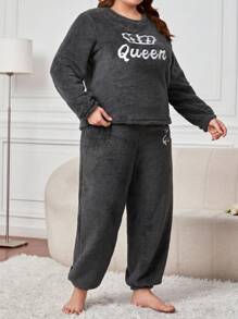 大碼字母刺繡法蘭絨睡衣套裝 - 黑色 - 查看 5