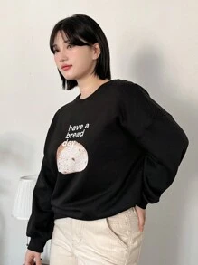 Dazy Petite Plus Plus Size Loosed Bread & Letter Print Sweatshirt,Fall Clothes - Black - View 7