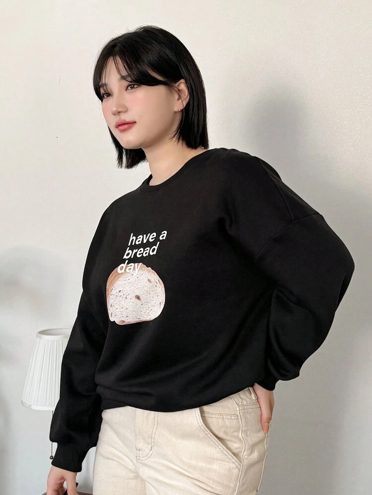 Dazy Petite Plus Plus Size Loosed Bread & Letter Print Sweatshirt,Fall Clothes