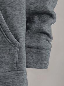 Manfinity RebelGame 宽松版型男式骷髅印花拉链抽绳连帽夹克，保暖衬里 - 深灰色 - 查看 3