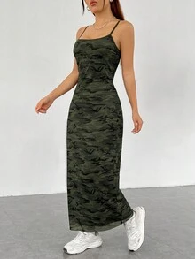 SHEIN EZwear 復古90年代風格綠色迷彩印花綁帶女子連衣裙 - 綠色 - 查看 3