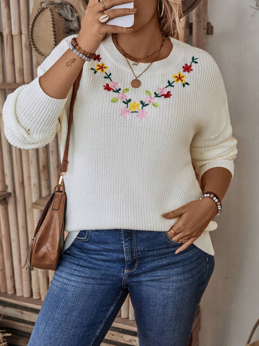 SHEIN LUNE Plus Floral Embroidery Drop Shoulder Sweater - White - View 1