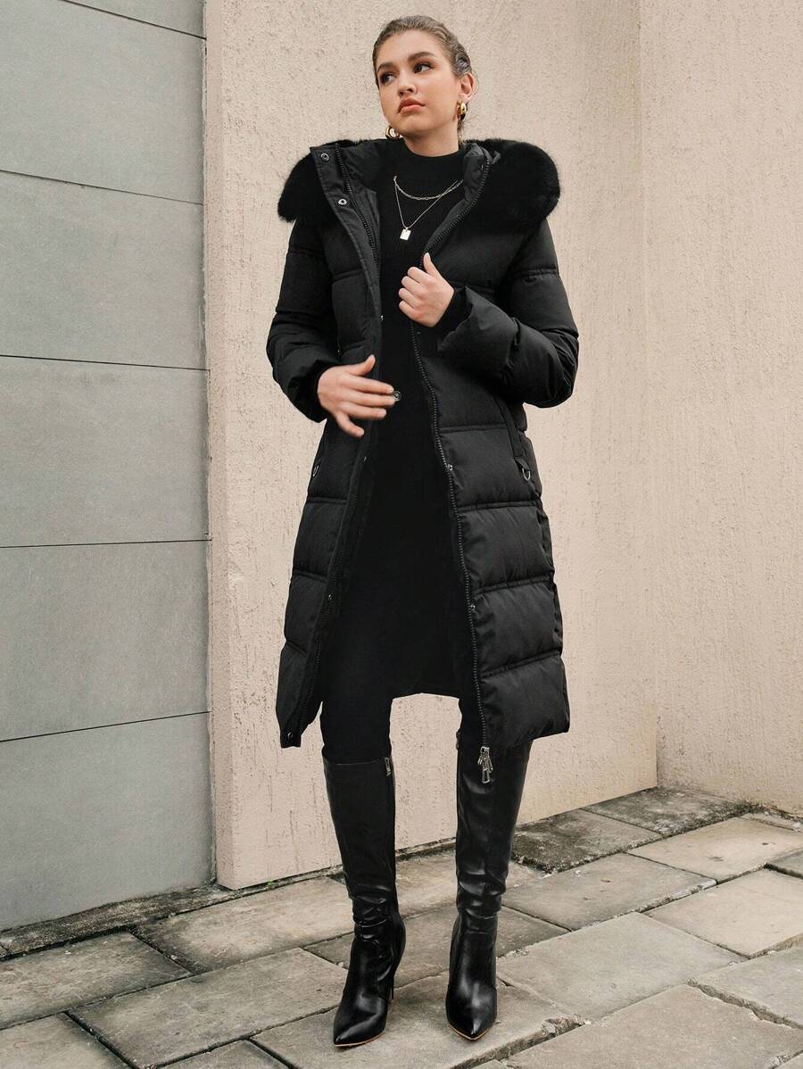 Anewsta 女士休闲纯色毛领连帽棉服外套，冬季 - 黑色 - 查看 1