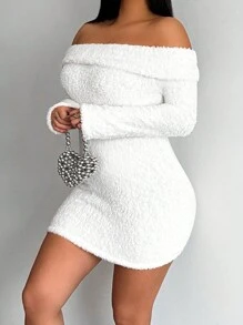 SHEIN SXY 露肩翻领紧身连衣裙 - 白色 - 查看 3