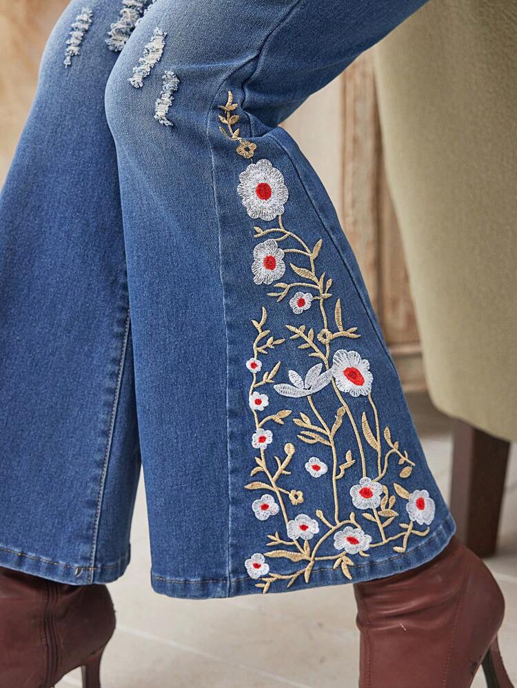 Floral Embroidery Ripped Flare Leg Jeans