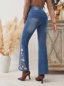 SHEIN LUNE Thêu hoa Rách Quần ống loe - Màu xanh lam - Xem 5