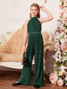 SHEIN Cô gái Tween 1 Miếng Chất rắn Xếp li Halter Neck Áo liền quần - màu xanh lá - Xem 5