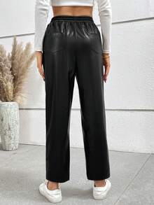 SHEIN Frenchy Eo dây rút Quần chân thẳng - màu đen - Xem 2