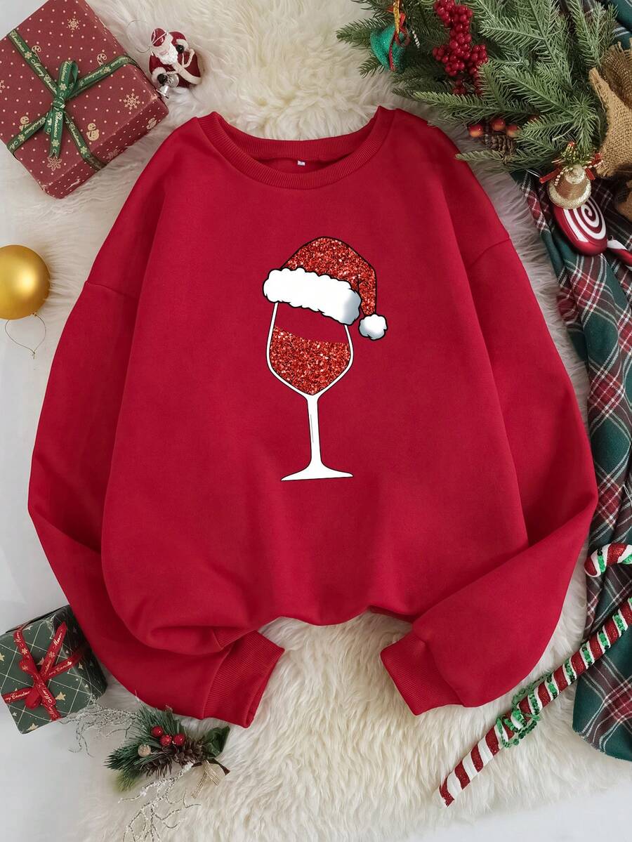 SHEIN EZwear 女士圓領下垂肩毛絨衫,帶有聖誕酒杯圖案 - 紅色 - 查看 1