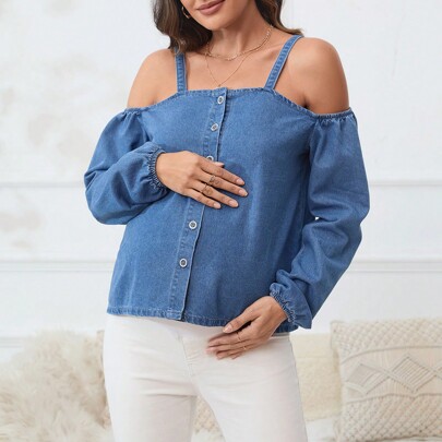 Maternity Off Shoulder Cut Out Denim Top