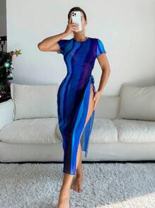 SHEIN Swim 高側面開衩色塊連身泳裝罩衫,帶結扣細節 - 藍色 - 查看 5