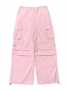 Pantalones Cargo Generales Con Cremallera De Color Rosa Para Mujer - Rosa - Ver 6