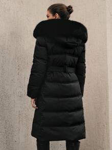 Anewsta 女士休闲纯色毛领连帽棉服外套，冬季 - 黑色 - 查看 2