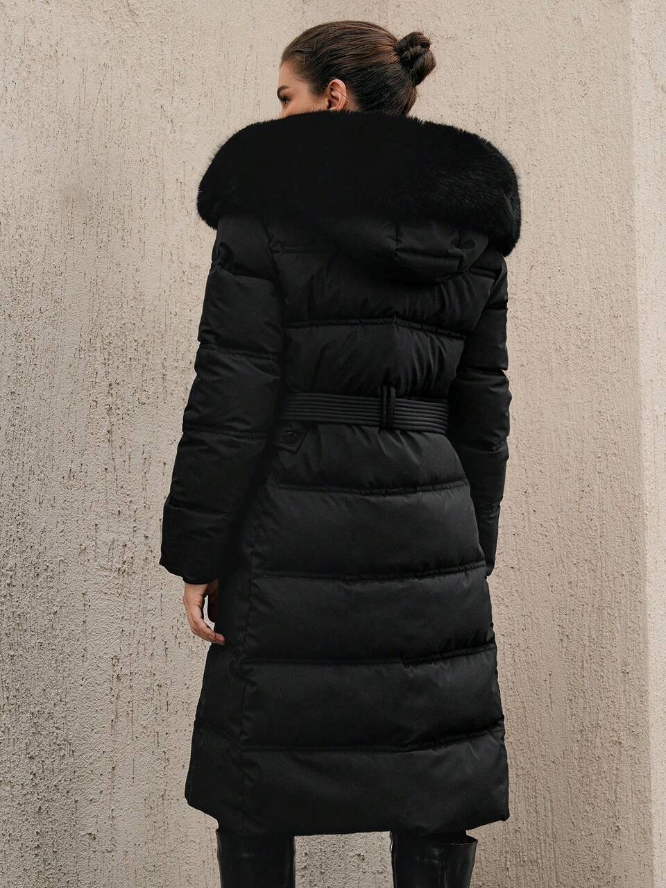 Women Casual Solid Color Fur Collar Hooded Padded Coat, Winter
