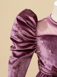 SHEIN 女童絲絨珠飾洋裝 - 藕粉色 - 查看 3