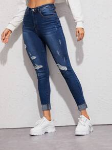 SHEIN Essnce Pantalones Vaqueros De Corte Slim Rasgados