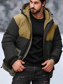 Manfinity Homme 超大号男式双色夹棉大衣，配有翻盖口袋和连帽 - 咖啡棕 - 查看 4