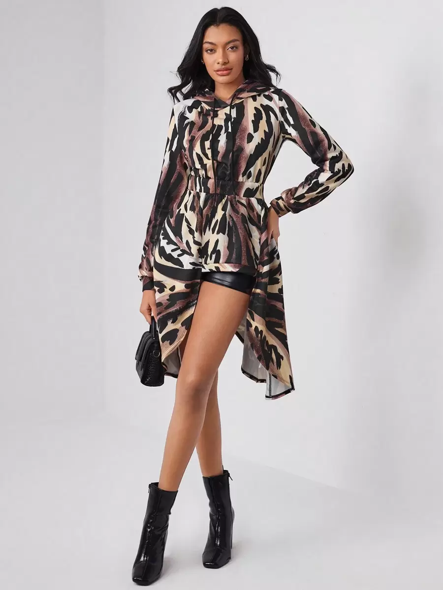TF TRAN Designer Allover Print High Low Hem Hooded Sweatshirt, For Holiday, Vacation, Spring, Festival, Workout, Ibiza Fits
