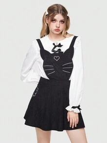 ROMWE Kawaii Women's Cartoon Cat Printed Suspender Dress With Pleated Hem - Black - View 6