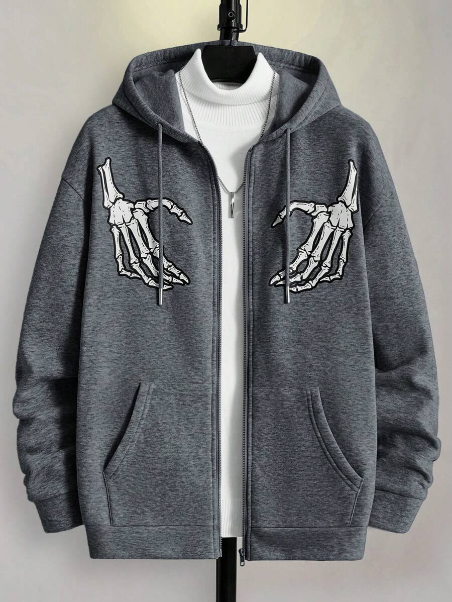 Manfinity RebelGame 宽松版型男式骷髅印花拉链抽绳连帽夹克，保暖衬里 - 深灰色 - 查看 1
