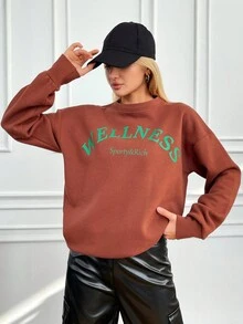 SHEIN Cottnline Đứng cổ áo Tiếng Anh In thư Thả vai Tay áo Áo nỉ - màu nâu - Xem 5