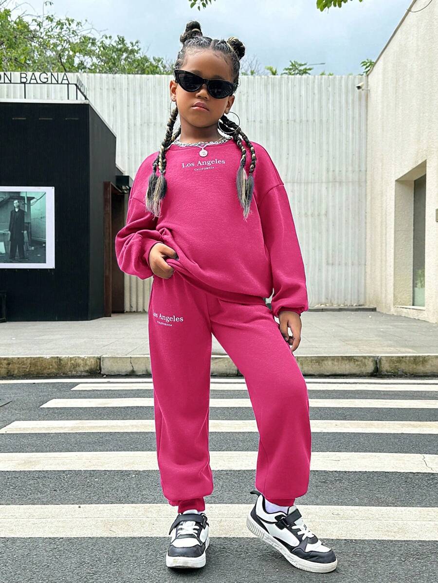 SHEIN Tween Girl 1pc Letter Graphic Drop Shoulder Pullover & 1pc Sweatpants - Hot Pink - View 1