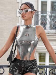 SHEIN ICON Mock Neck Asymmetrical Hem Metallic Bodysuit - Silver - View 4