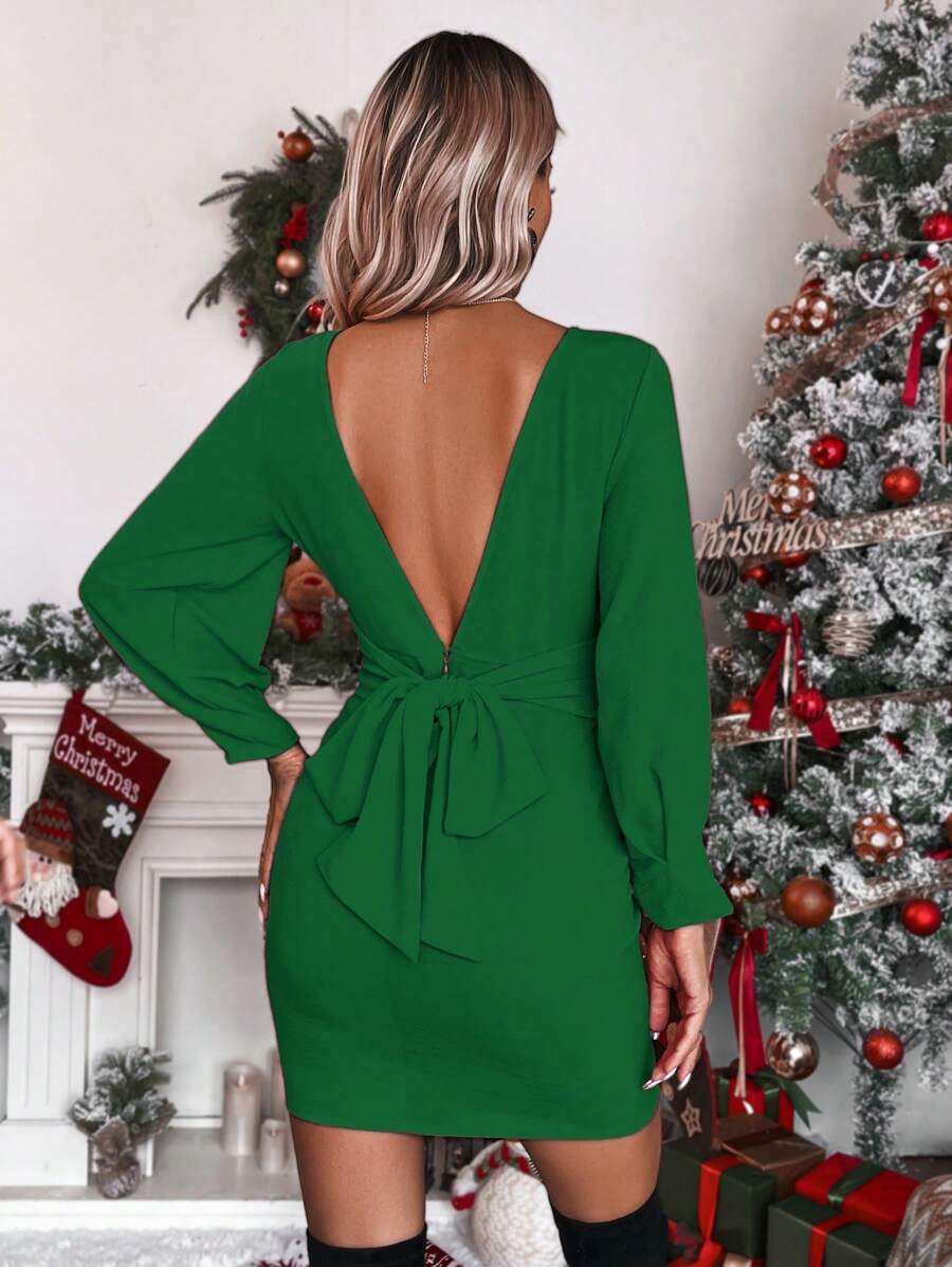SHEIN Privé Women's Solid Color Backless Dress - Green - View 1