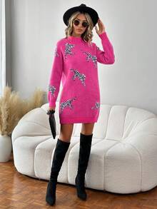 SHEIN LUNE Hoa văn Báo Tay Raglan Đầm Áo len - Màu Hồng Tươi - Xem 5