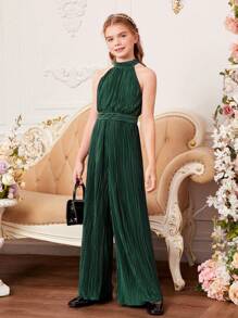 SHEIN Cô gái Tween 1 Miếng Chất rắn Xếp li Halter Neck Áo liền quần - màu xanh lá - Xem 6