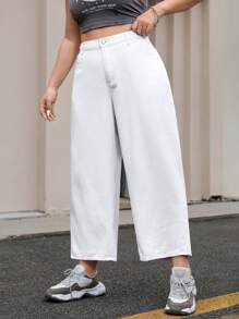 SHEIN EZwear Plus Size White High Waist Straight Leg Jeans - White - View 3