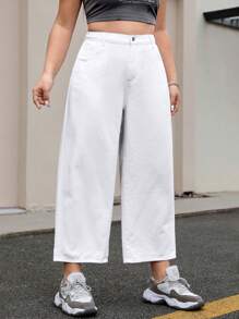 SHEIN EZwear Plus Size White High Waist Straight Leg Jeans - White - View 5