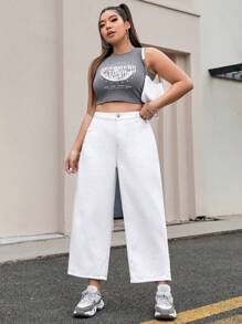 SHEIN EZwear Plus Size White High Waist Straight Leg Jeans - White - View 6