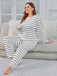 2件條紋長t恤和長褲睡衣套裝 - 黑與白 - 查看 1