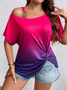 SHEIN LUNE Áo thun nữ cổ bẻ bất đối xứng viền xoắn gradient cỡ lớn Áo thun họa tiết áo thun nữ - Nhiều màu - Xem 6