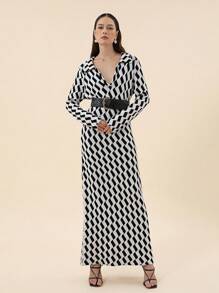 SHEIN Privé Women's Geometric Pattern Sweater Dress - Black and White - View 4