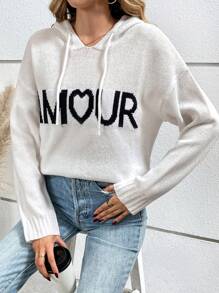 SHEIN Frenchy Của phụ nữ áo có mũ Áo len Với In thư - Đen và trắng - Xem 4