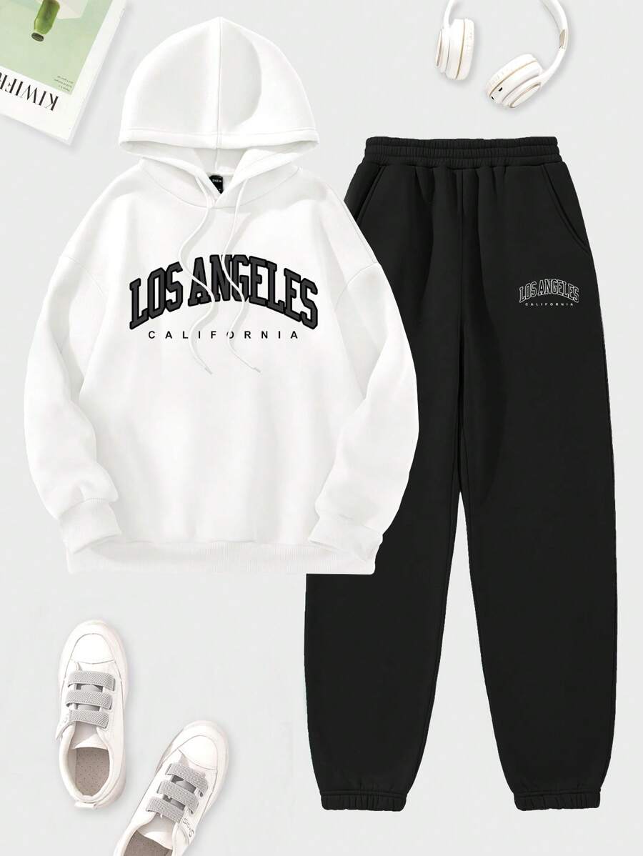 SHEIN Unity 字母印花帶帽落肩袖束口口袋運動衫和運動褲 - 彩色 - 查看 1